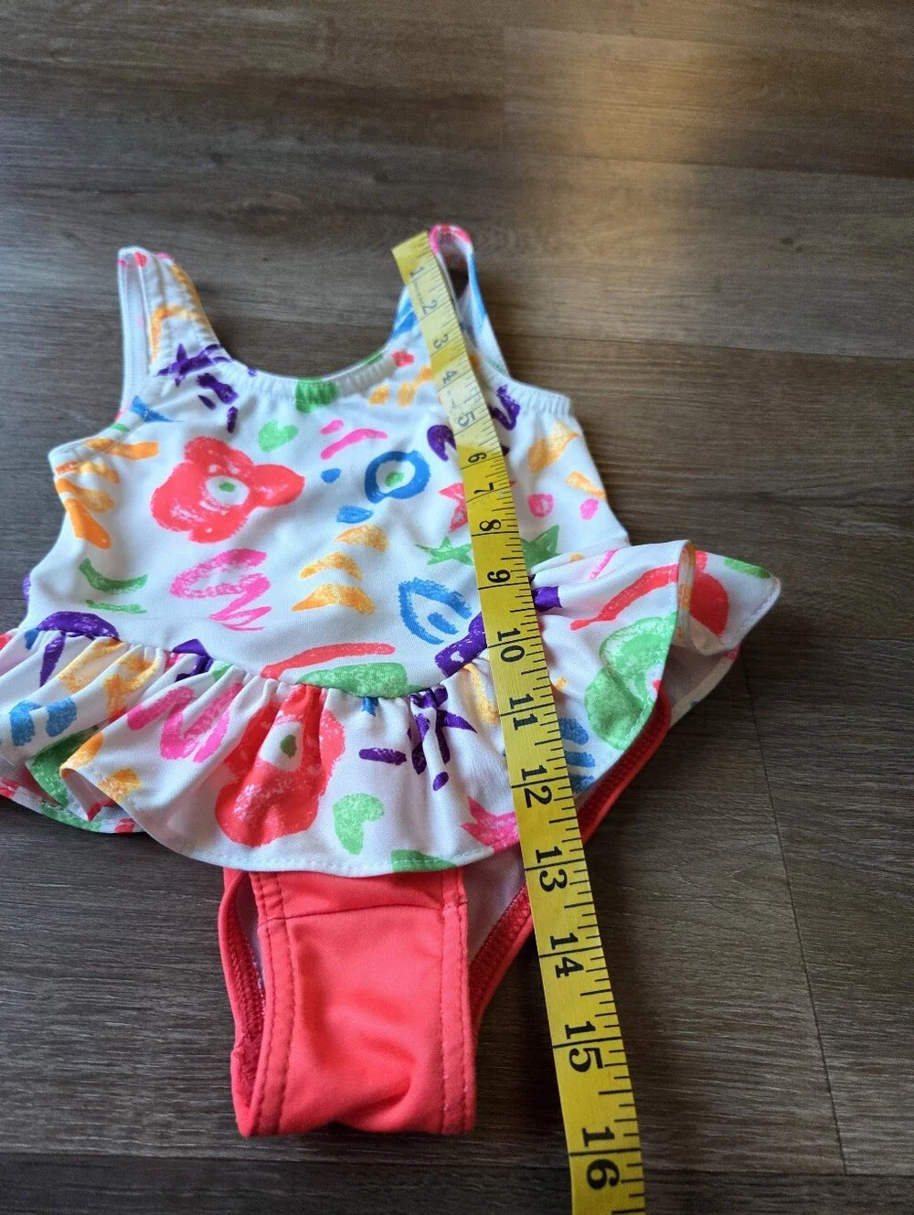 Vintage 90s Neon Flower and Scribbles Print Baby Toddler Girls Swimsuit w/Skirt